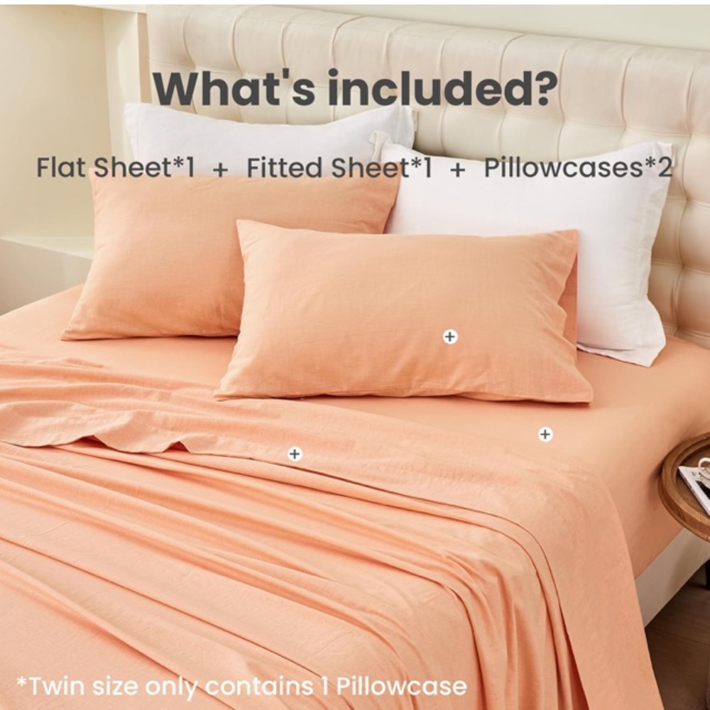 NEW W/ TAGS - Simple & Opulence LUX Natural Linen-Cotton Twin Sheet Set - Peach - Picture 5 of 10